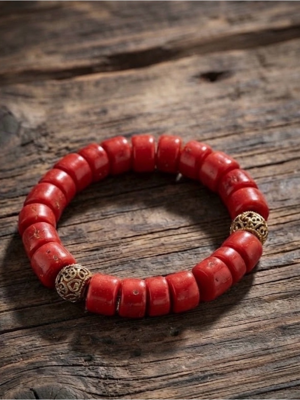 Red Bamboo Stretch Bracelet with Gold Accent Beads
